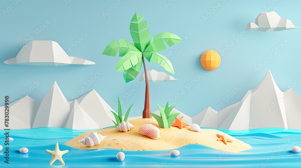 This is a 3D illustration of a small island with a palm tree, seashell, starfish and beach ball on the sand. There is also a papercut style sun and mountains behind the island.