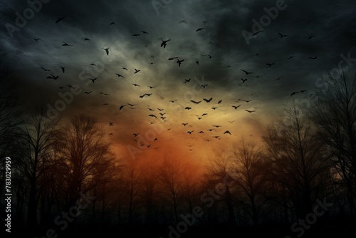 Moody sky background with silhouettes of trees and birds in flight