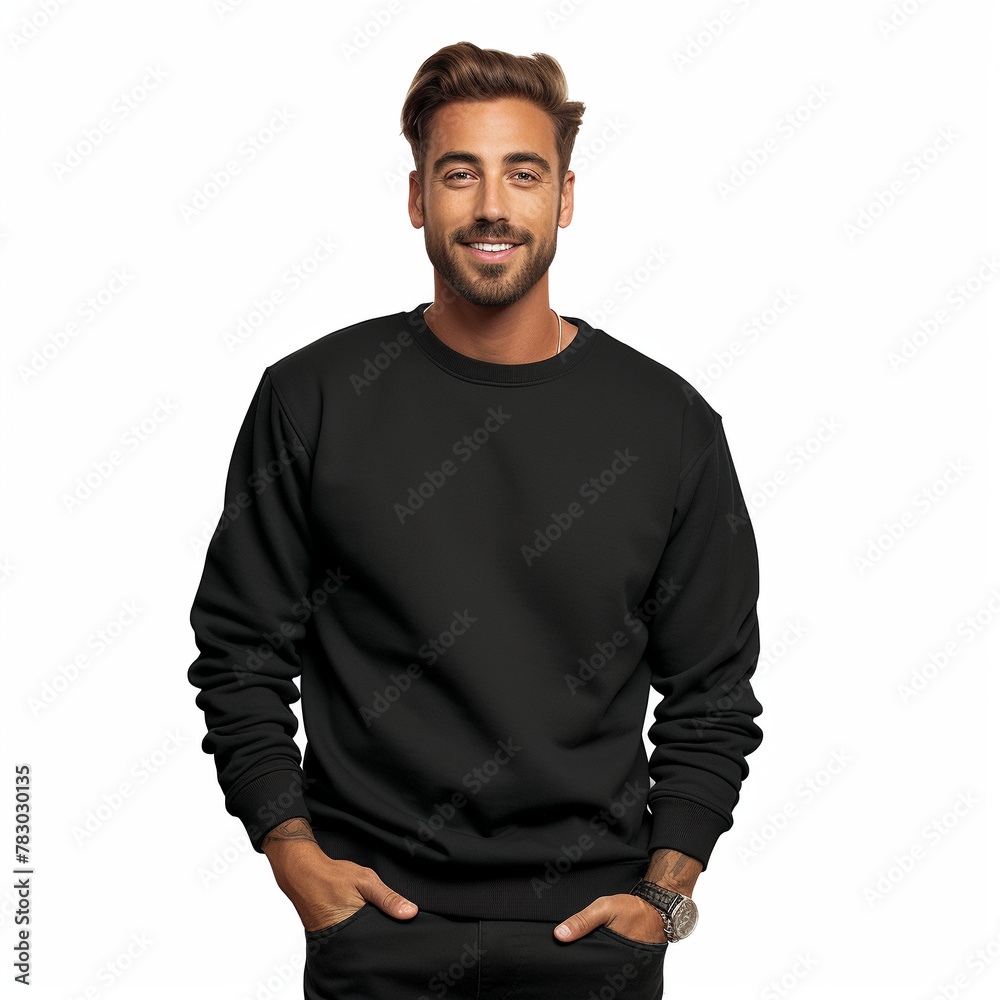 Obraz premium Smiling man with stylish beard in black sweater against a white background 