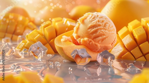 Mango ice cream ad in 3D. Displayed on half of a mango with ice cubes and package design on the side. photo