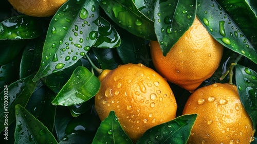 Fresh Lemons with waterdrops on vibrant green leaves  photo