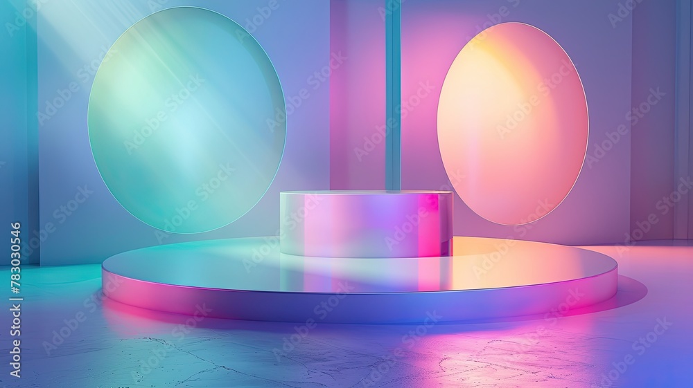 Obraz premium Glass round discs, transparent disc, round flat panels with refraction , highlights, sun rays, sunlight, geometric , 3D, illustration, horizontal wallpaper