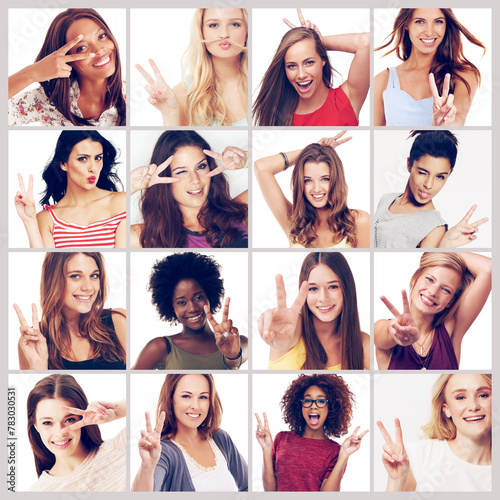 Collage, women and portrait with peace hand sign in a studio with smile and happy with diversity. Global, grid and emoji gesture with international group with about us and model recruitment together