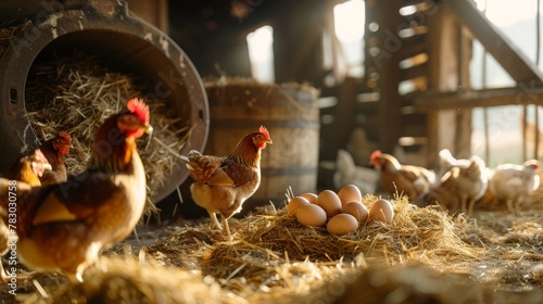 Hens and Eggs on Rustic Farm