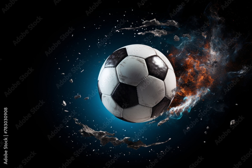 A dynamic shot of a soccer ball in mid-air after a powerful header