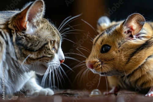 Cute little hamster and cat close-up,  Animal portrait © Nam