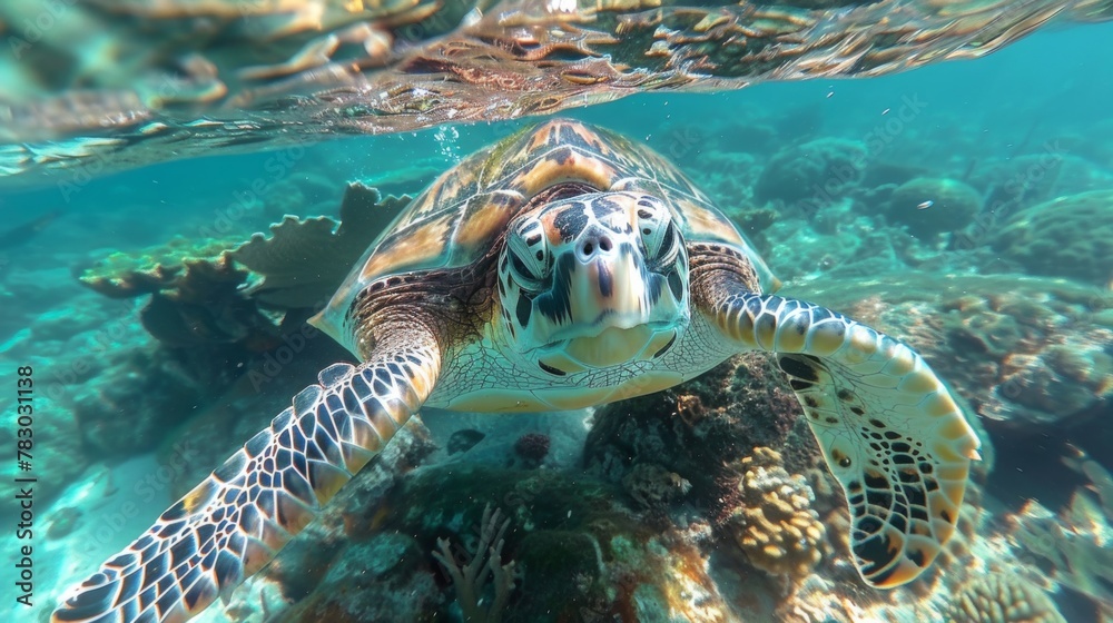 Obraz premium A sea turtle gracefully swims through vibrant coral reefs in a tropical ocean, capturing the beauty of marine life during a sunny afternoon