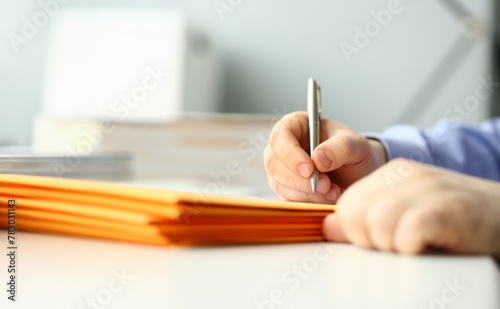 Businessman hold hand silver pen. Write envelope adress inbox post concept background