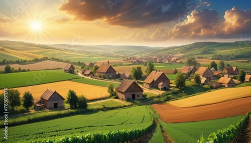 The warm glow of the setting sun blankets a quaint rural village surrounded by lush fields and rolling hills.. AI Generation