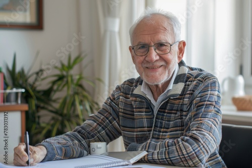 Smiling senior man studying at home
