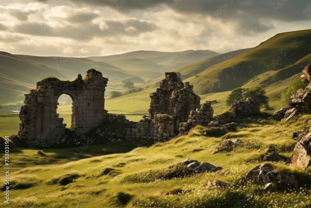 Obraz premium Ancient stone ruins set against a backdrop of rolling hills
