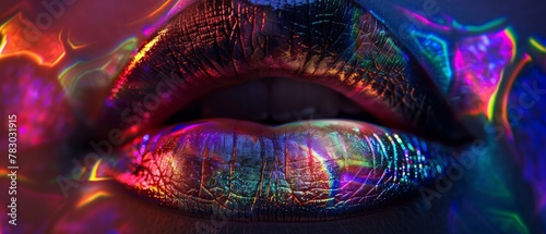 beautiful close-up woman's lips with sparkling purple gold bioluminescent neon lights stained glass light created 