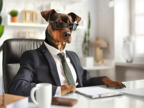 A dog manager wearing a formal business suit with tie sitting in an office for a meeting or interview. Business and Corporate. Finance and Lawyer. Thinking ideas. Success and win. Looking at camera.