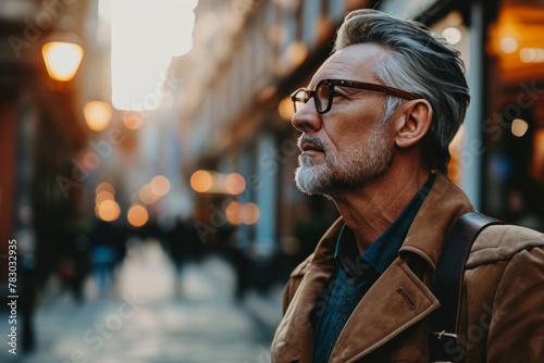 Portrait of senior man in eyeglasses walking in the city.