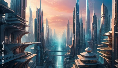 A stunning digital artwork depicting a futuristic metropolis with towering skyscrapers and advanced infrastructure, bathed in the warm glow of sunrise.. AI Generation