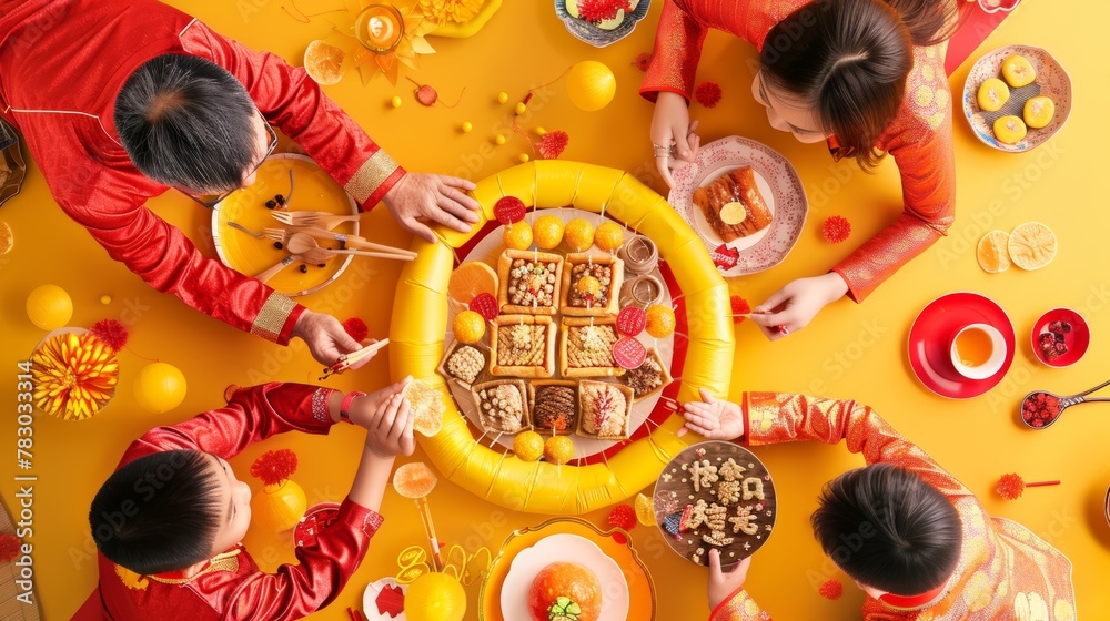 In this image, a view through a paper roll shows the family reunion dinner on Chinese New Year's Eve. Couplets with words are written on squares.