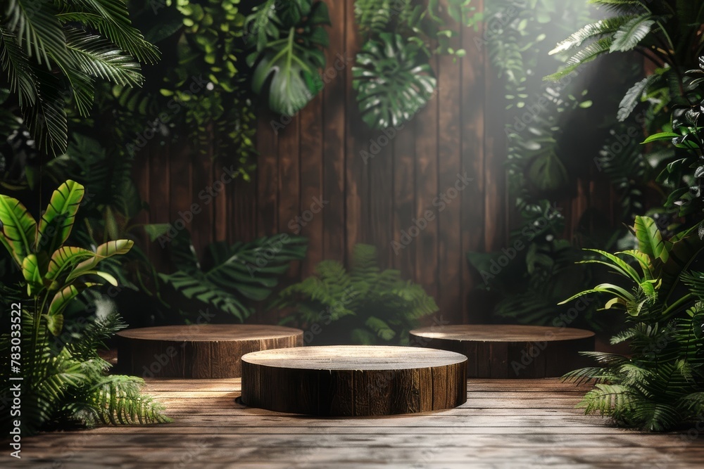 Wooden Table Surrounded by Tropical Plants and Greenery Wooden Table Surrounded by Tropical Plants and Greenery
