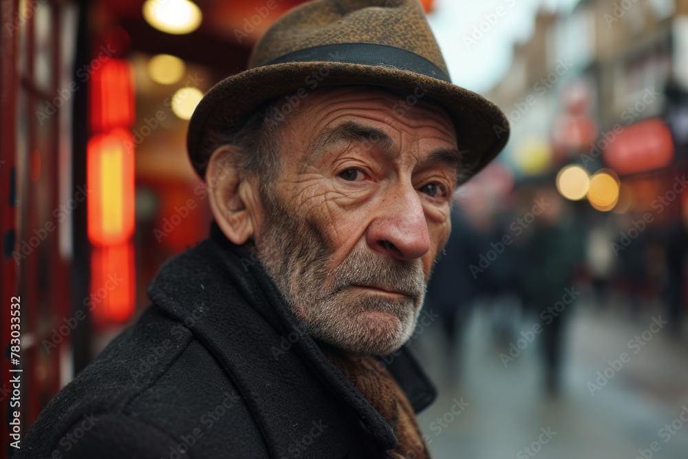 Portrait of an old man with hat and coat on the streets of London. Portrait of an old man with hat and coat on the streets of London.