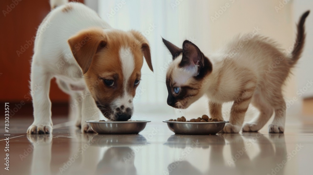 Puppy and Kitten Sharing Meal Puppy and Kitten Sharing Meal