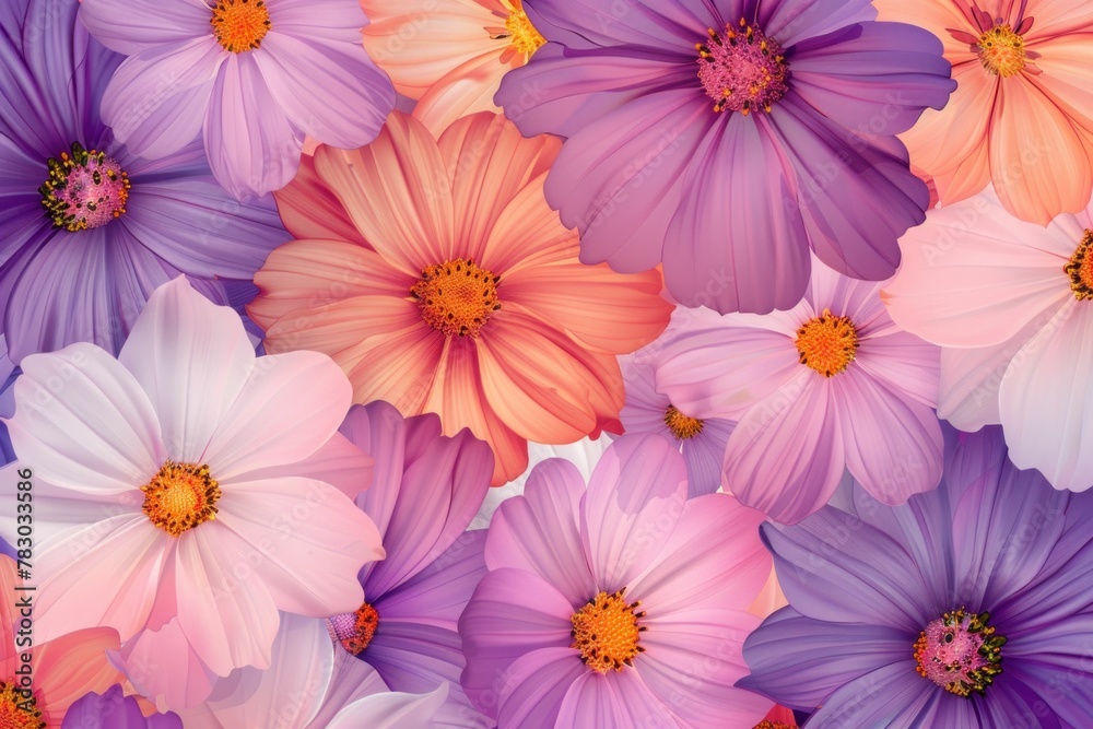 Fototapeta premium Beautiful vibrant cosmos flowers background illustration with colorful petals and bright green leaves in a garden setting