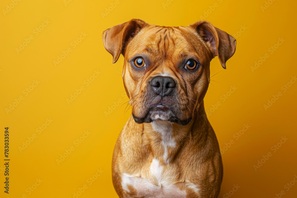 Expressive Boxer Dog Vibrant, Yellow Background, Cute Canine Purebred Pet