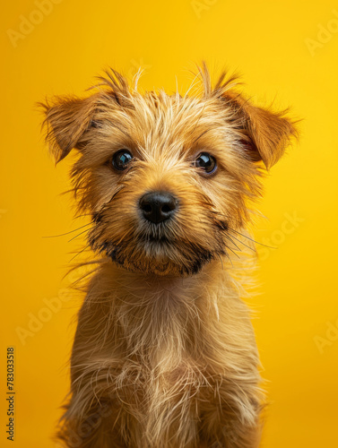 Portrait Cute Terrier Puppy, Yellow Backdrop, Pet Dog, Pet Photography, Canine