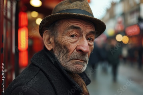 Portrait of an old man with hat and coat on the streets of London.