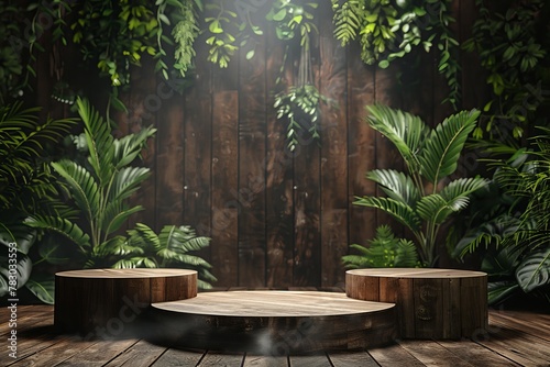 Wooden Table in Front of Lush Green Wall