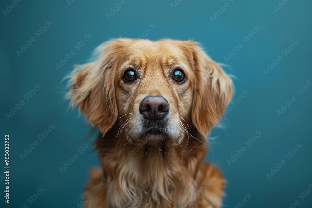 Gentle Golden Dog Expressive Eyes Teal Background Pet Looking Canine Portrait