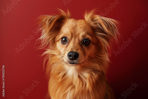 Cute Small Dog against Red Backdrop Pet Furry Golden Fur Companion Looking