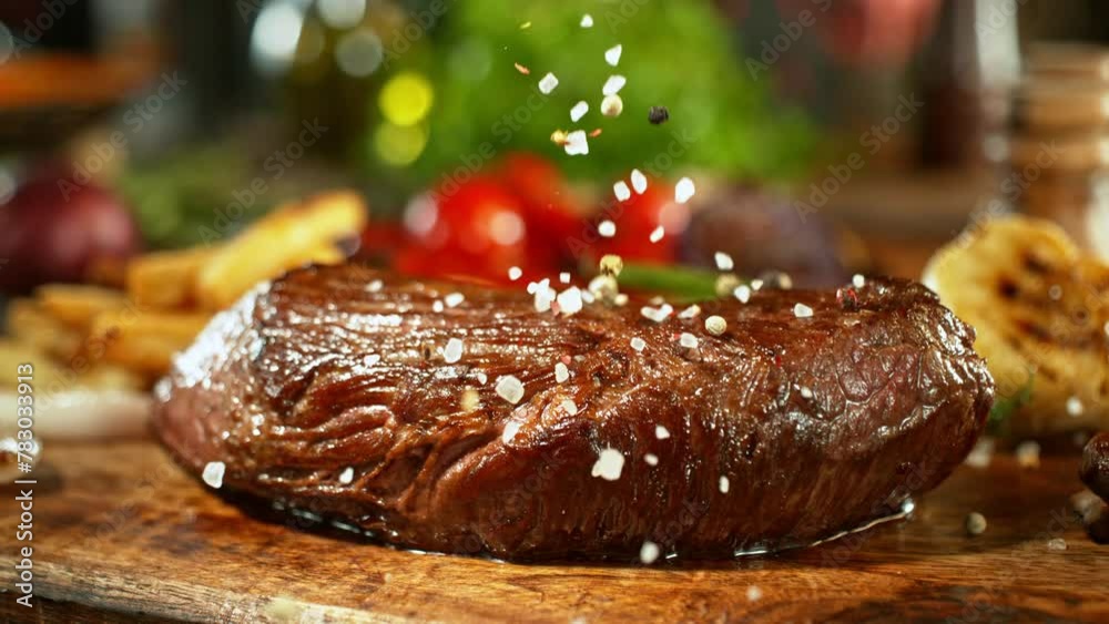 Super Slow Motion of Falling Spice on Beef Steak. Camera Placed on High Speed Cine Bot. Filmed on High Speed Cinema Camera, 1000 fps. Super Slow Motion of Falling Spice on Beef Steak. Camera Placed on High Speed Cine Bot. Filmed on High Speed Cinema Camera, 1000 fps.