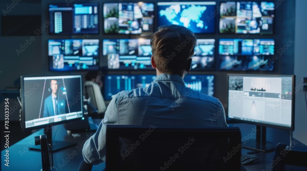 Man Sitting at Desk With Two Monitors Man Sitting at Desk With Two Monitors