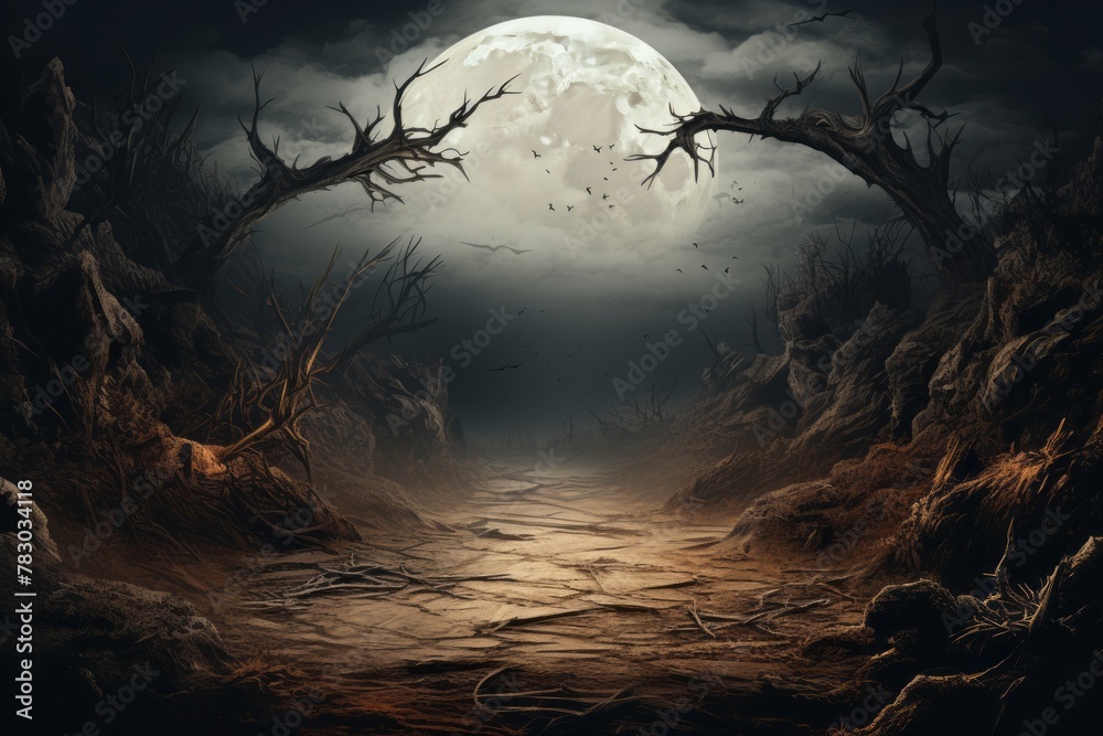 Full moon shining over a textured landscape, leaving space for your Halloween text.