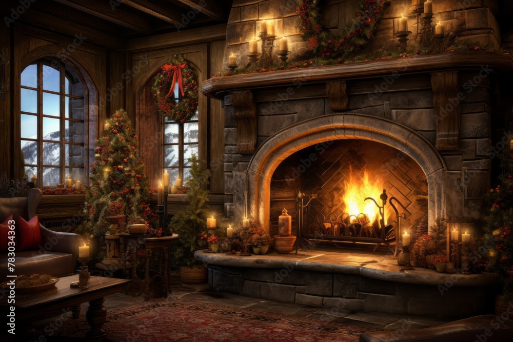 Glowing candles and a warm fireplace indoor Glowing candles and a warm fireplace indoor