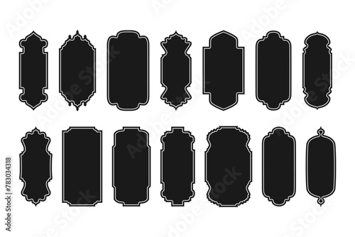 Arabian frames and border, text box. Set of islamic labels. Blank retro shape of badge, discount sales tag, insignia, price sticker. Collection of different vector icons