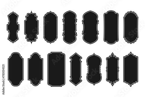 Arabic frame and decoration. A collection of frames and decorations with oriental motifs. Blank retro shape of badge, discount sales tag, insignia, price sticker. Collection of different vector icons