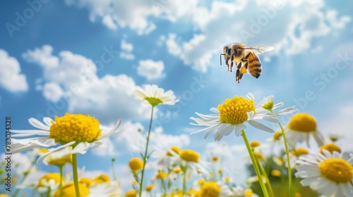 Against the canvas of a summer sky, a honey bee flutters above a flower, a fleeting moment of harmony in the bustling world of pollination. © peerawat