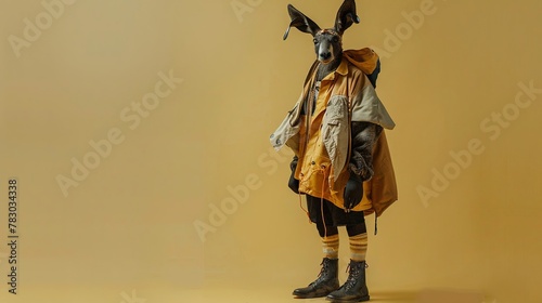 Eccentric animal in avantgarde outfit, full body angle, isolated matte background, stark lighting , digital photography style