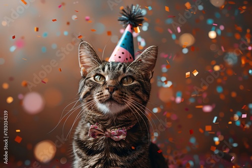 A dressedup cat celebrating in a party hat and bow tie, surrounded by falling confetti, against a festive background, styled in Documentary, Editorial, and Magazine Photography photo