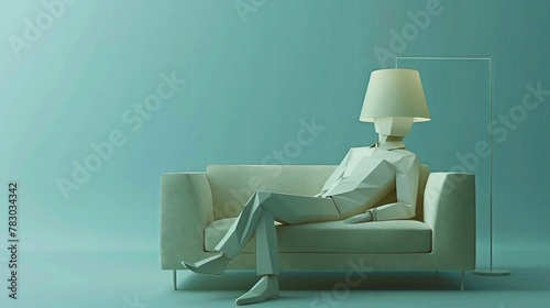Modern art 3D furniture man, sleek couch body, lampshade head, set in an ultramodern, minimalistic space ,  isolated background. photo