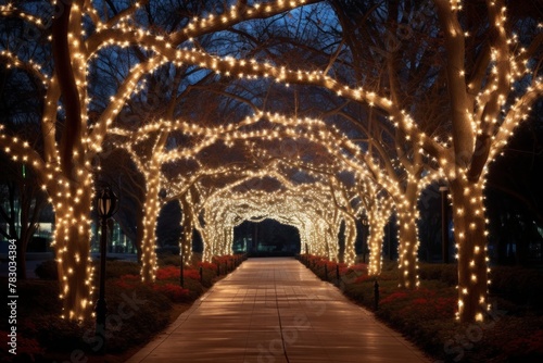 Glowing Christmas lights forming an enchanting trail of illumination.