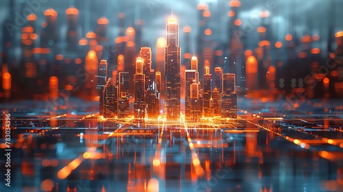 Advanced technology interior scene featuring a holographic projection of a cityscape on a contemporary table, captured in the style of Documentary, Editorial, and Magazine Photography
