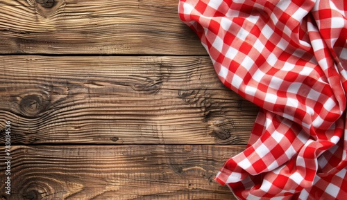 Red and white checkered tablecloth on wooden background with copy space for text or product, layout template. Design layout for menu card, food advertising poster or restaurant interior design