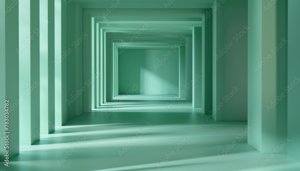 A minimalistic green interior with geometric shapes and natural light streaming through creating a serene atmosphere in a modern space during the day A minimalistic green interior with geometric shapes and natural light streaming through creating a serene atmosphere in a modern space during the day