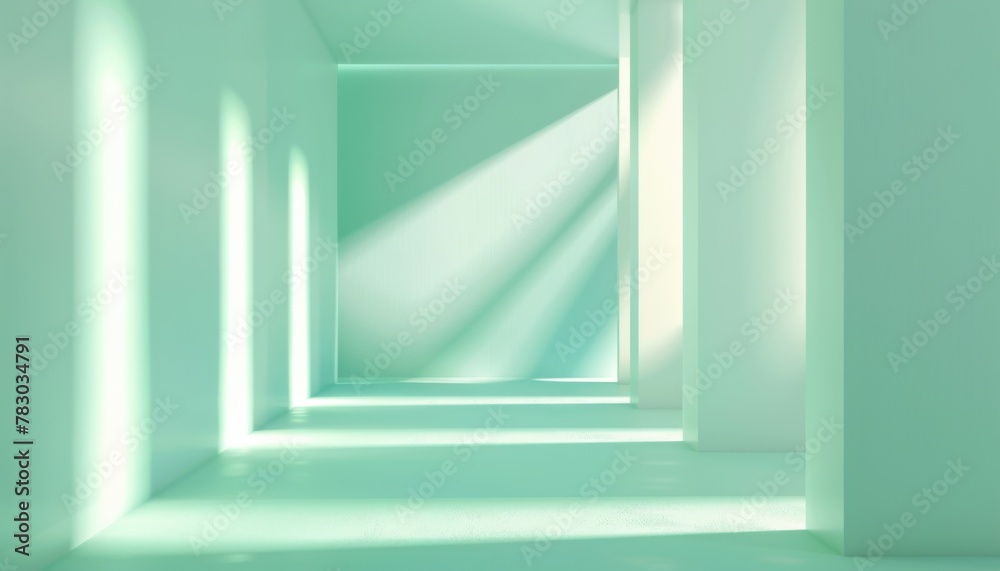 A serene mint green corridor illuminated by soft natural light at midday, showcasing minimalist architecture and clean lines in a calming atmosphere A serene mint green corridor illuminated by soft natural light at midday, showcasing minimalist architecture and clean lines in a calming atmosphere
