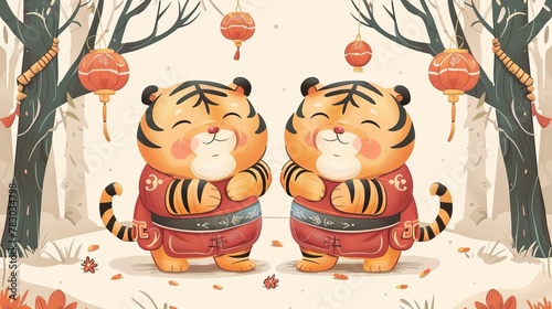 An illustration of two chubby tigers in traditional dress bowing to one another on Spring Festival, featuring the CNY zodiac animal the tiger.