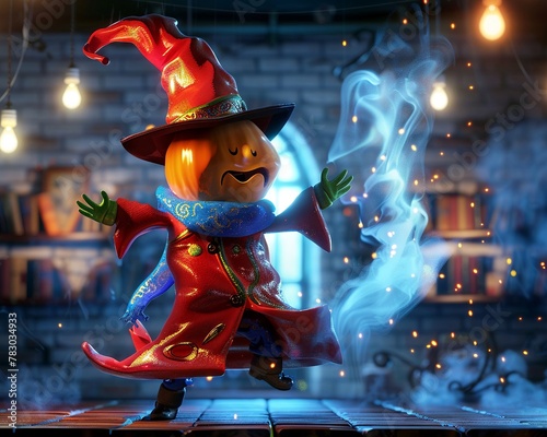 Closeup of a 3D bell pepper character as a magician, casting a spell, mystical symbols and smoke, dimly lit stage , high resolition photo