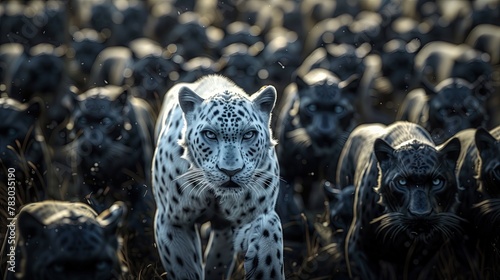 Stand out in the crowd. Concept, A white panther in a herd of large panthers. 