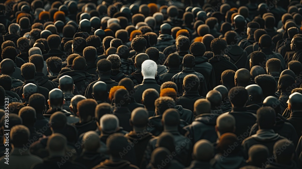 Obraz premium Stand out in the crowd. Idea: A white man in a large crowd of black men.