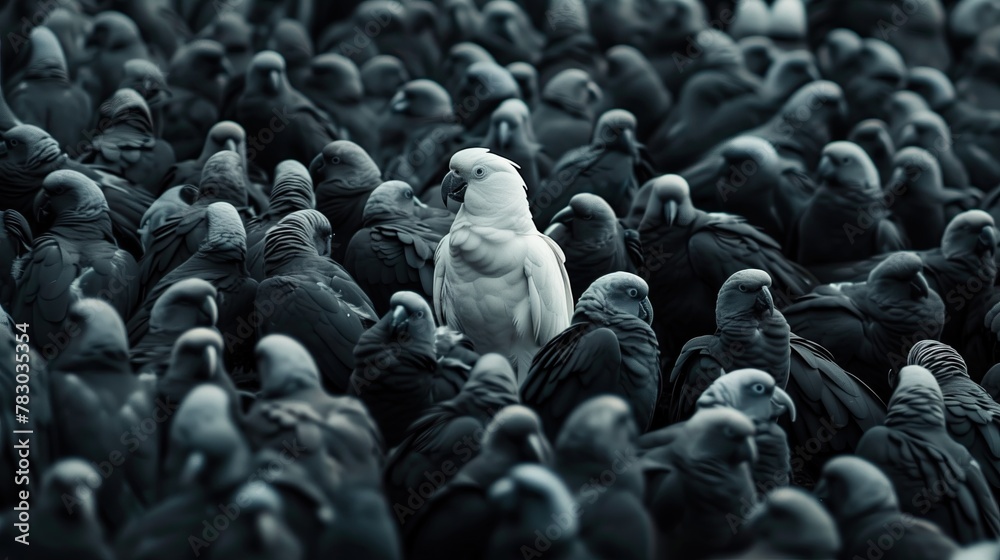 Fototapeta premium Stand out in the crowd. Idea: A white parrot in a large flock of black parrots.